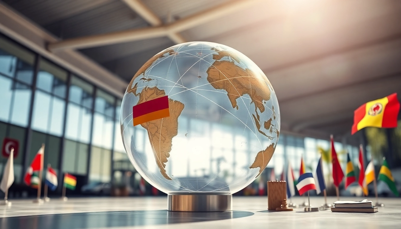Highlight worldwide connections with a globe and cultural artifacts, portraying global unity.