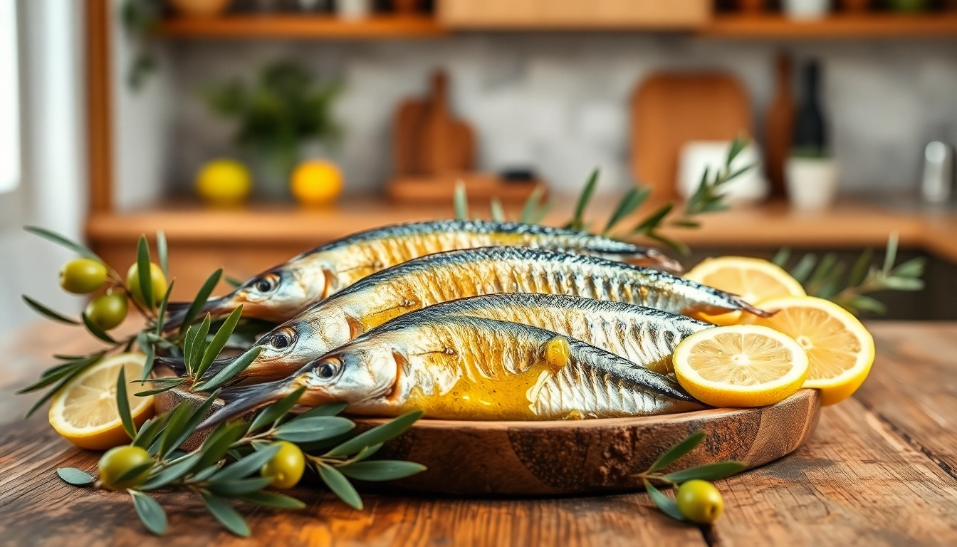 Delicious sardianas en aceite de oliva beautifully arranged with olive branches.