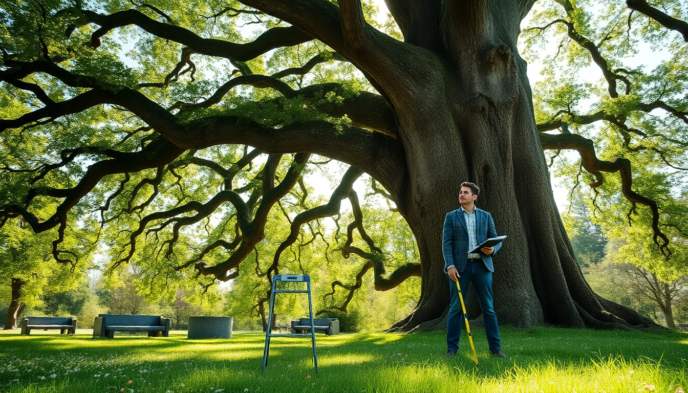 Evaluate tree health and vitality as Tree Consultancy expert works on oak tree.
