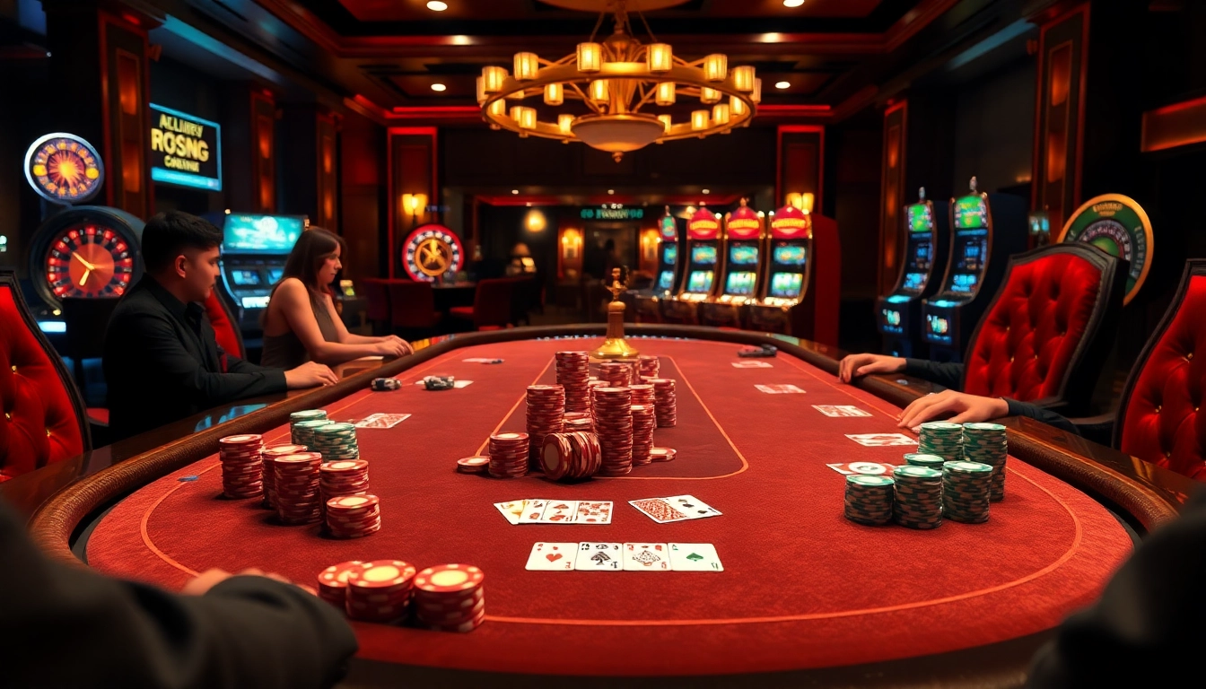 Players strategizing in a high-stakes poker game featuring 123heropro, with vibrant chips and captivating roulette wheels.