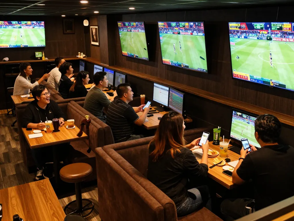 Patrons placing bets and enjoying live sports at a vibrant sports bar showcasing Keonhacai