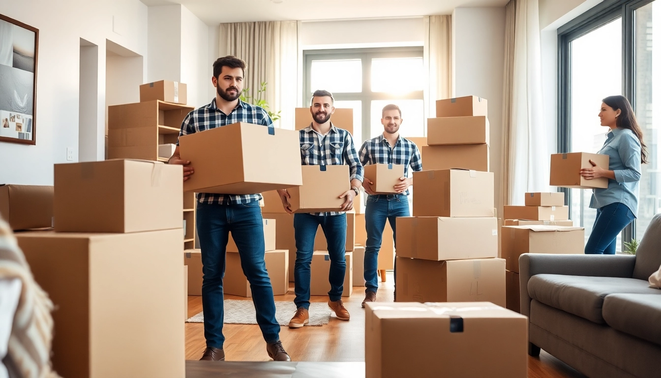 Movers and packers diligently organizing boxes in a modern apartment, showcasing their expertise.
