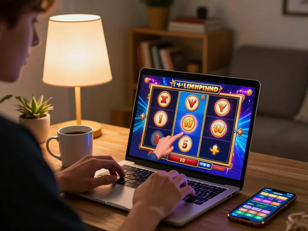 Player enjoying slot games on a laptop with vibrant screen graphics showcasing alexis77, cozy home atmosphere with responsible gaming.
