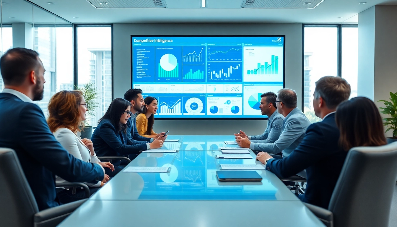 Analyze competitive intelligence insights during a business meeting in a modern office.