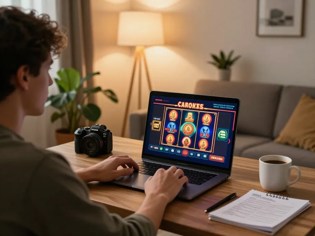 Player enjoys online casino games at home with okwin's vibrant interface and cozy setup.