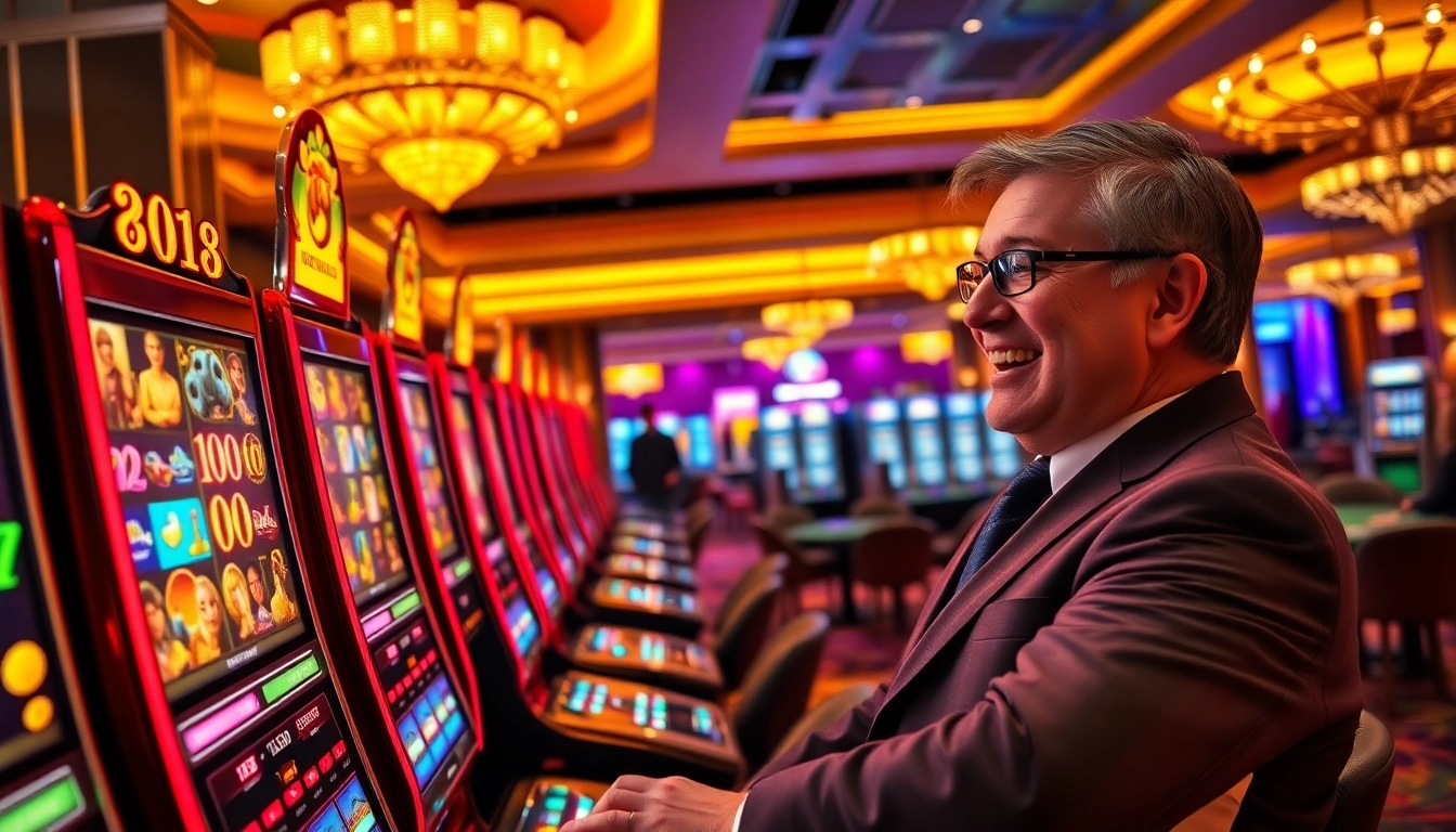 Excited gambler at a vibrant slot machine in a luxurious casino setting, highlighting winning opportunities.