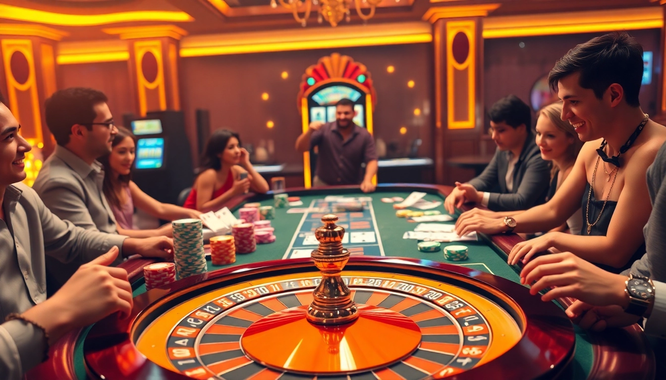 Players enjoying a thrilling game at an RR88 casino table with vibrant poker chips and cards.
