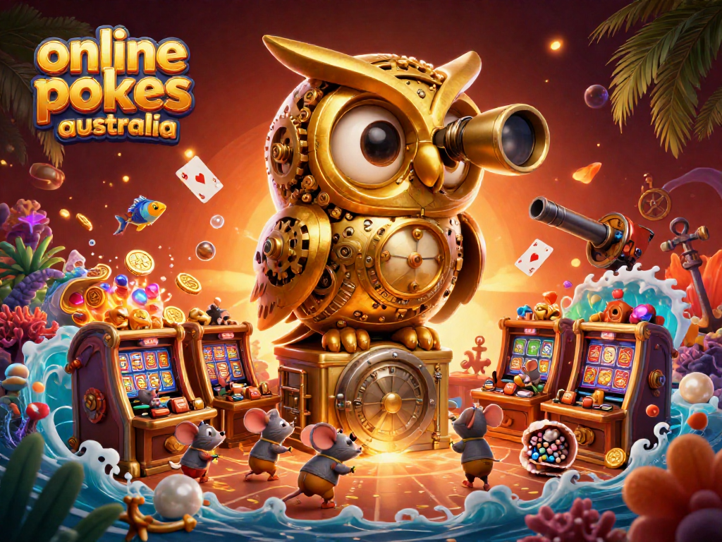 Explore online pokies Australia with a cartoon clockwork owl overseeing a vibrant casino scene.