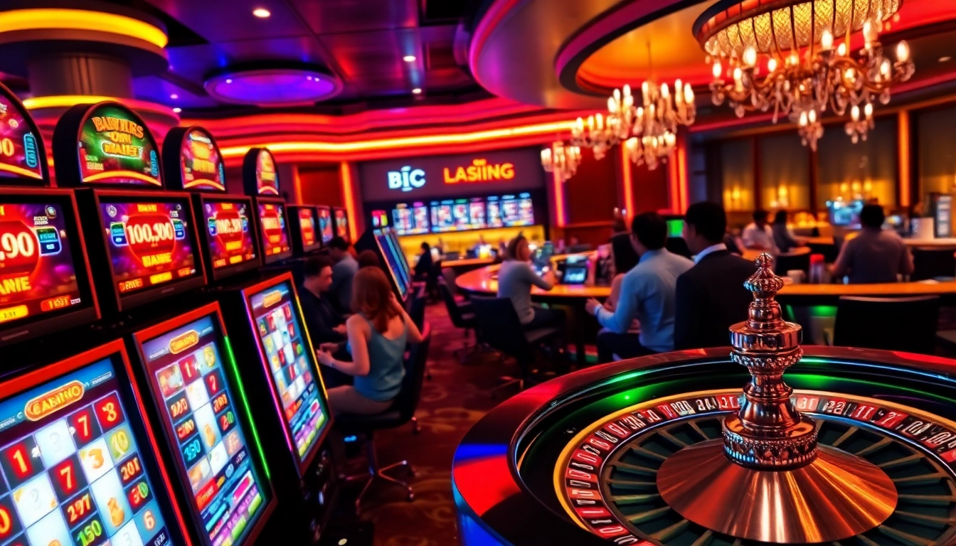 Spieler genießen online casino spielen in einem lebhaften virtuellen Casino mit bunten Spielautomaten.