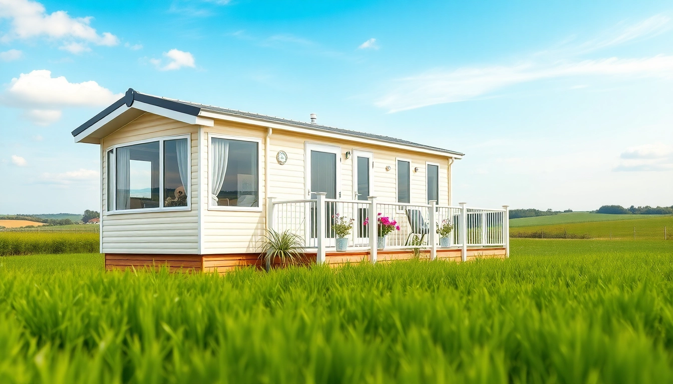 Relaxing setting featuring a luxury Static Caravans amidst a beautiful countryside landscape.