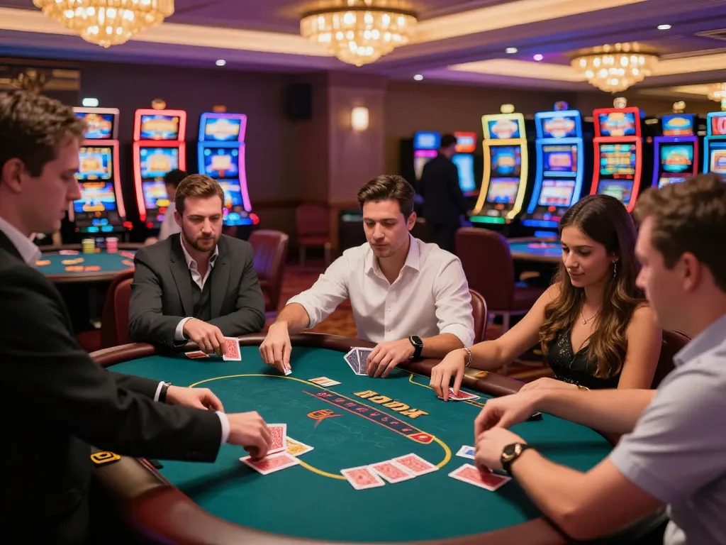 Players strategizing their bets at Nhà cái MM88 casino table under warm lighting.
