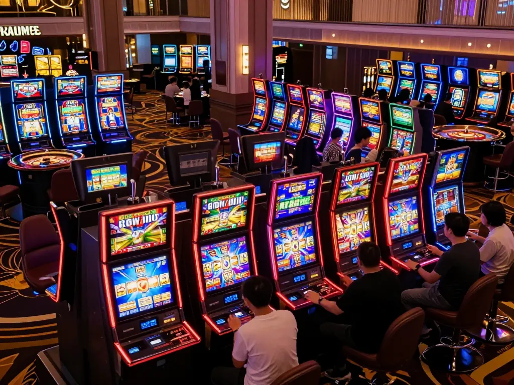 Players enjoying slot gacor gameplay at a colorful casino during a busy night, vibrant machines lighting up the venue.
