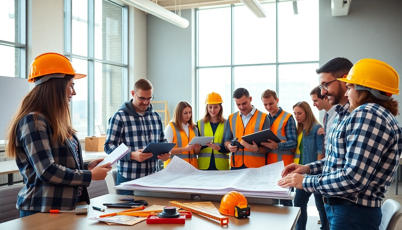 Students participating in construction education training, actively engaging with tools and resources.