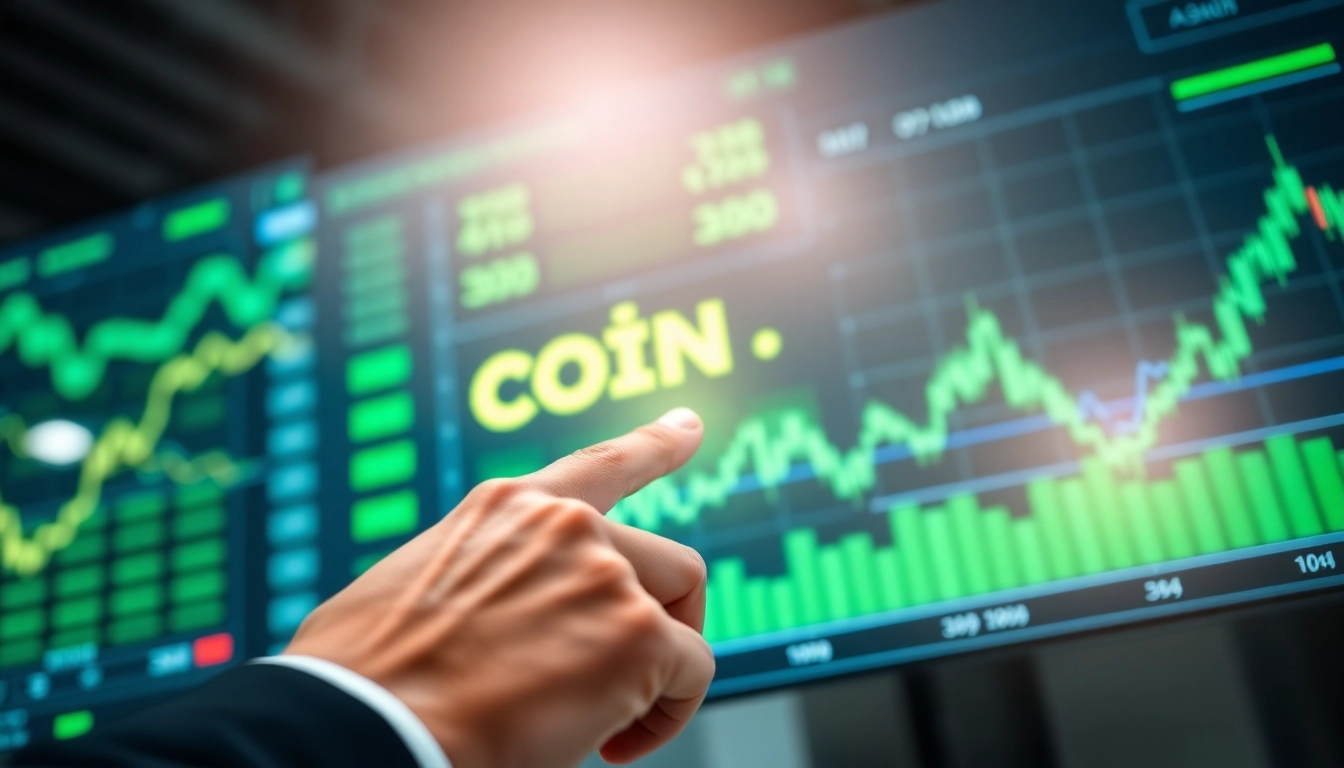 Analyze COIN stock price on a digital display with stock graphs and a focused businessperson.