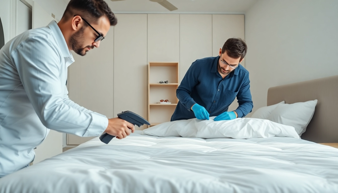 Bed bug exterminators performing a thorough inspection in a clean bedroom environment.