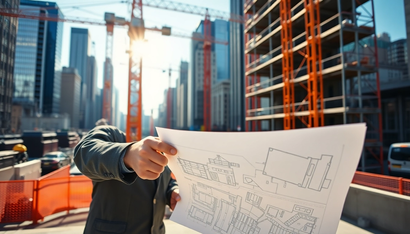 New York City Construction Manager directing a construction site with architectural plans.