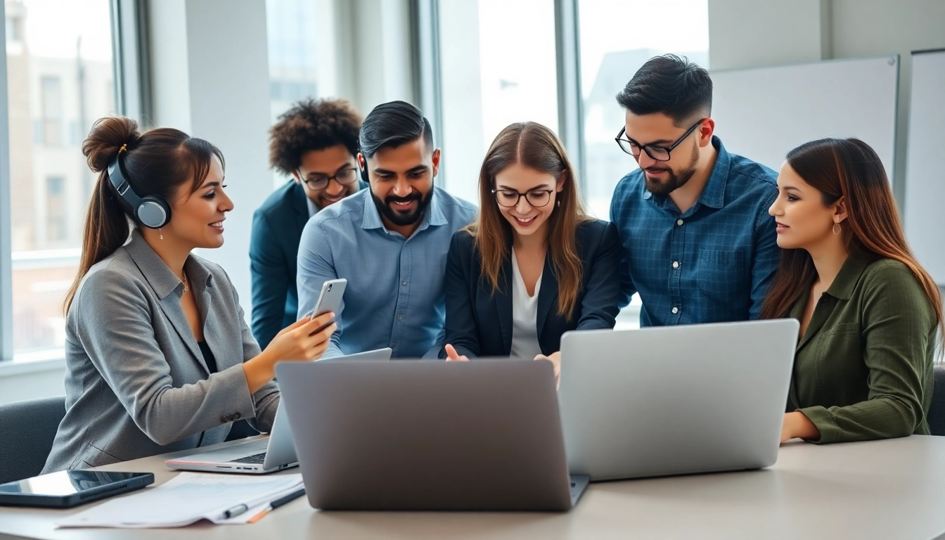 IT support services team collaborating in a modern office setting with diverse professionals.