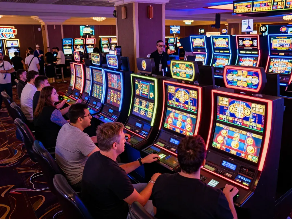 Engaging players at slot gacor hari ini machines in a vibrant casino setting celebrating wins.