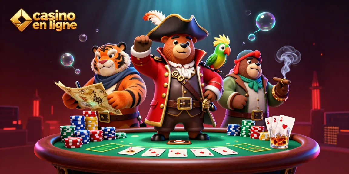 Jouez à des jeux de casino en ligne avec une illustration captivante montrant un ours pirate et ses compagnons