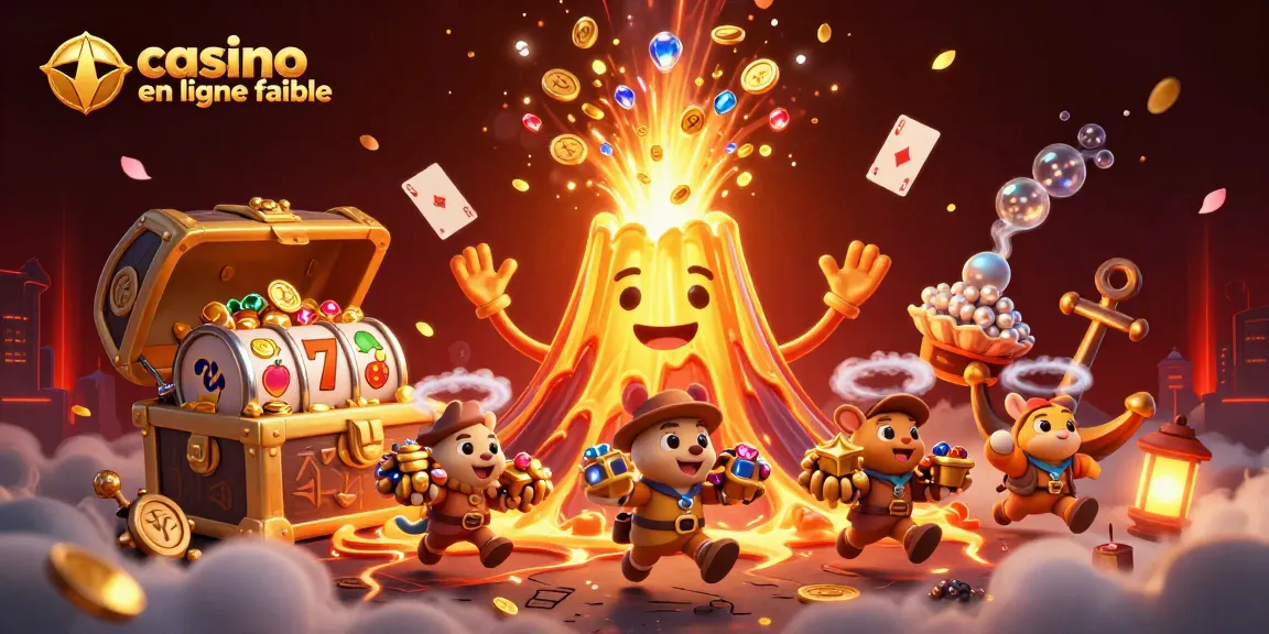 Une scène animée évoquant "casino en ligne fiable" avec un volcan doré, des animaux explorateurs, et des éléments de jeu.