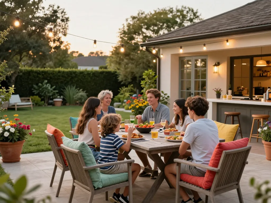 Outdoor living configurator enhancing family gatherings in a beautifully designed garden space.