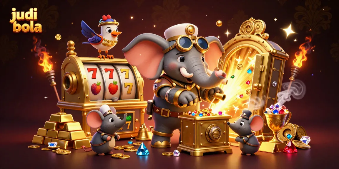 Engage in judi bola with a steampunk elephant playing slots amidst piles of treasure and colorful gems.