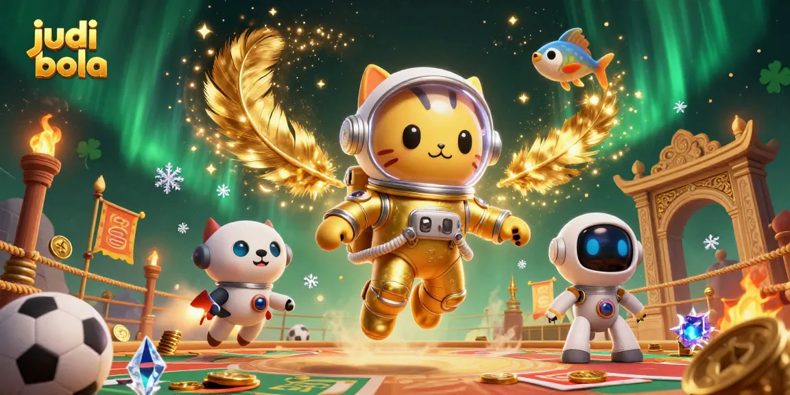 Engage in judi bola with sports balls, stadium elements, and golden coins swirling around playful characters.