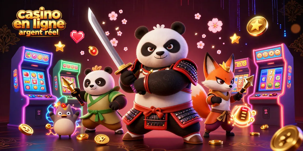 Jouez au casino en ligne argent réel avec une illustration dynamique de samouraï panda et de renard ninja.