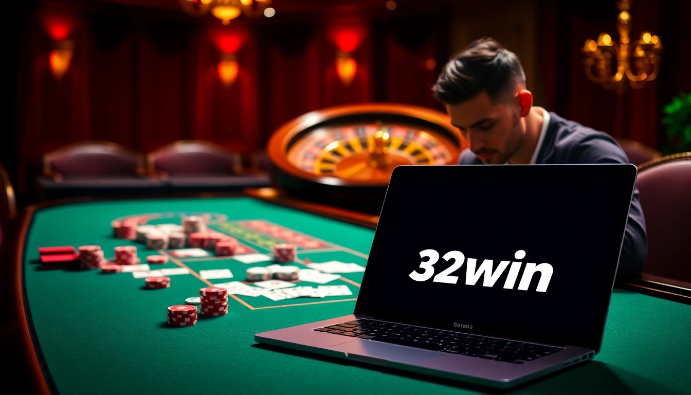 Experience the thrill of the casino with 32win featuring vibrant poker chips and an exciting roulette wheel.