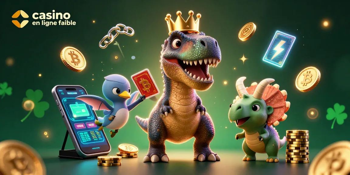 Jouer avec un T-Rex et un ptérodactyle dans le casino en ligne fiable, entourés de pièces crypto scintillantes.