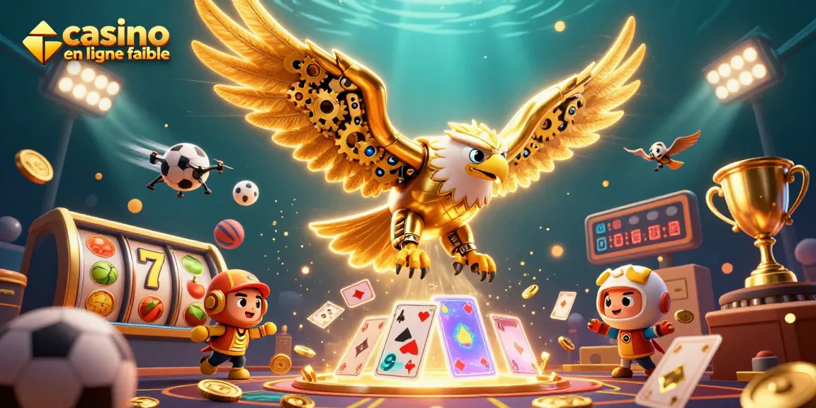 Plongez dans un casino en ligne fiable avec un aigle cybernétique, des cartes et des trophées.