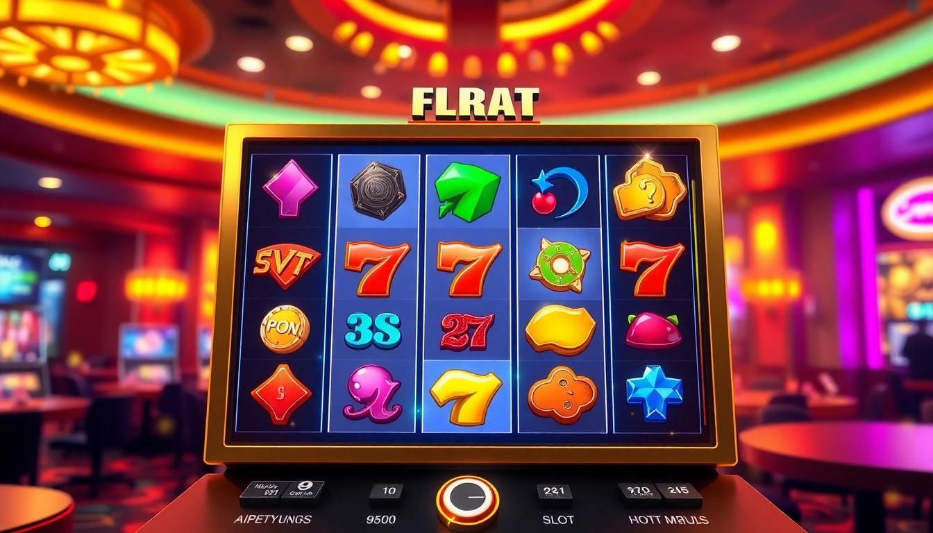 Menampilkan interface permainan qqslot777 yang menarik dengan simbol warna-warni dan suasana kasino hidup.