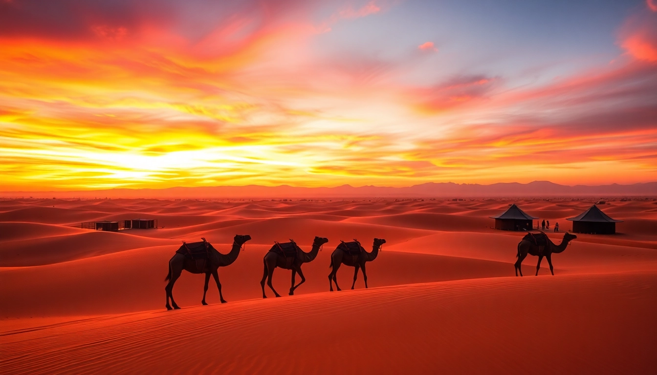 Agafay Desert camel ride at sunset with golden dunes and serene atmosphere