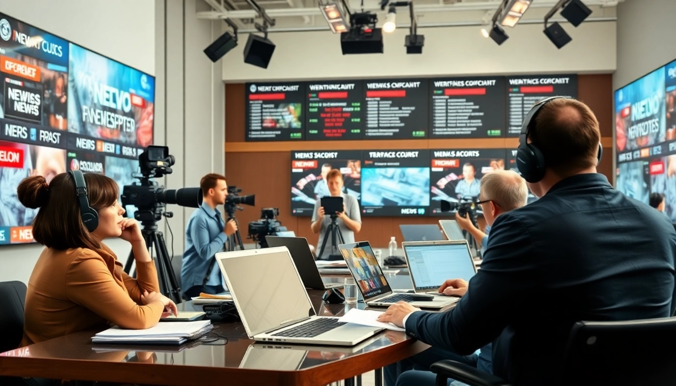 Journalists covering breaking news in a bright and dynamic newsroom environment.