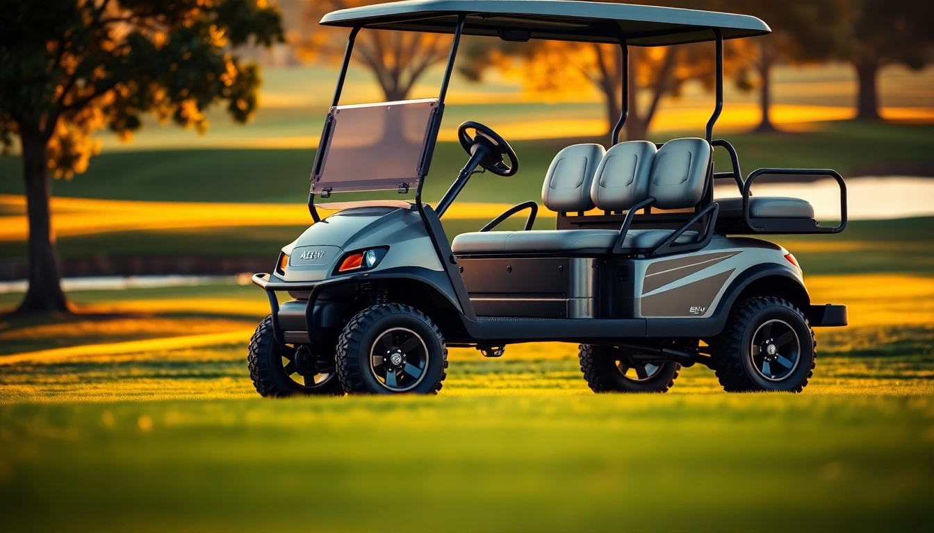Experience the Activ EV Pulse 6 lifted golf cart against the backdrop of a scenic golf course.