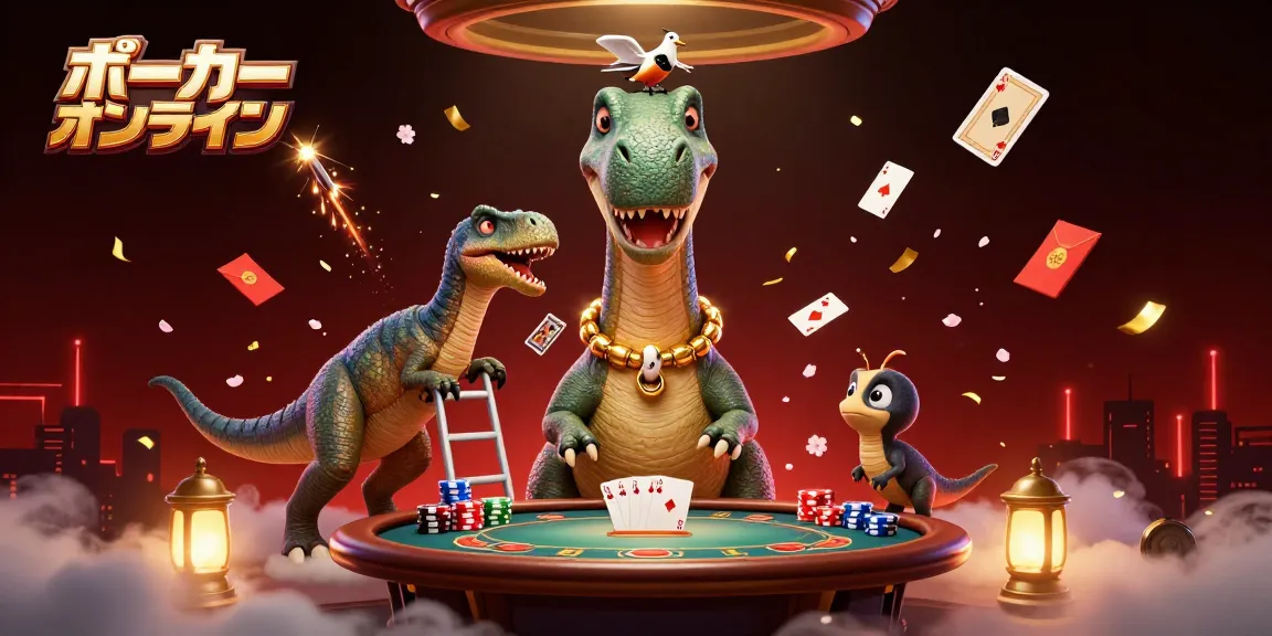 ポーカー オンラインのテーブルでディーリング中の恐竜と巧妙なラプトルを描いた3Dイラスト