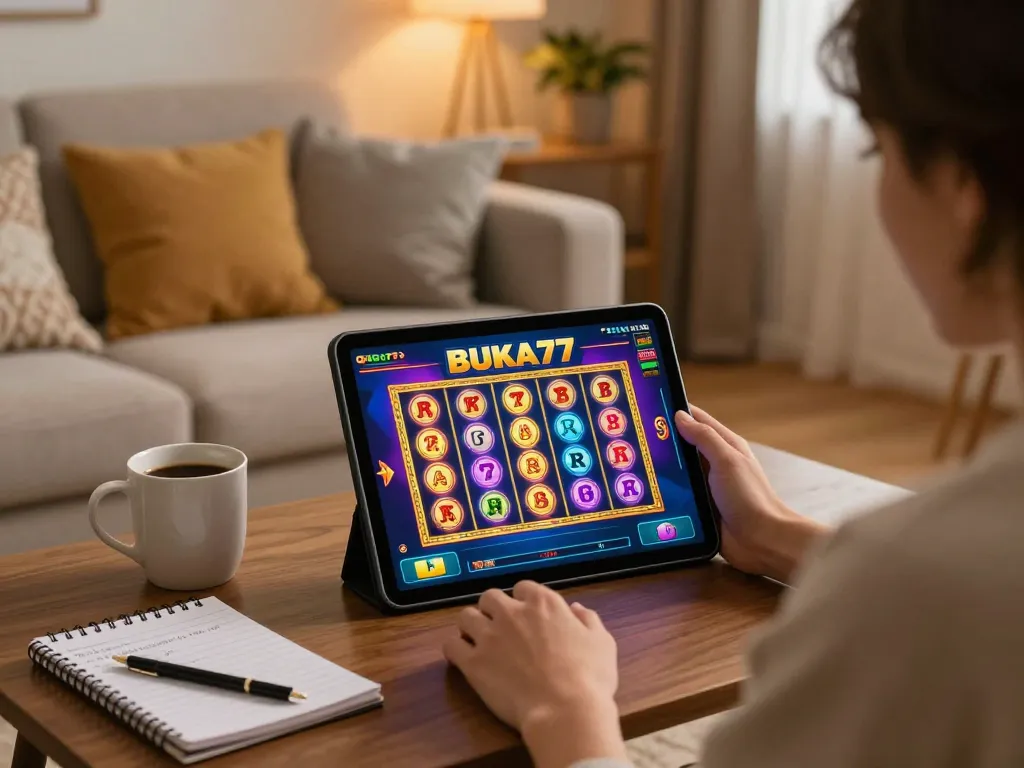 Engaging with BUKA77 online slots in a cozy home gambling setting, showcasing a dynamic gameplay experience.
