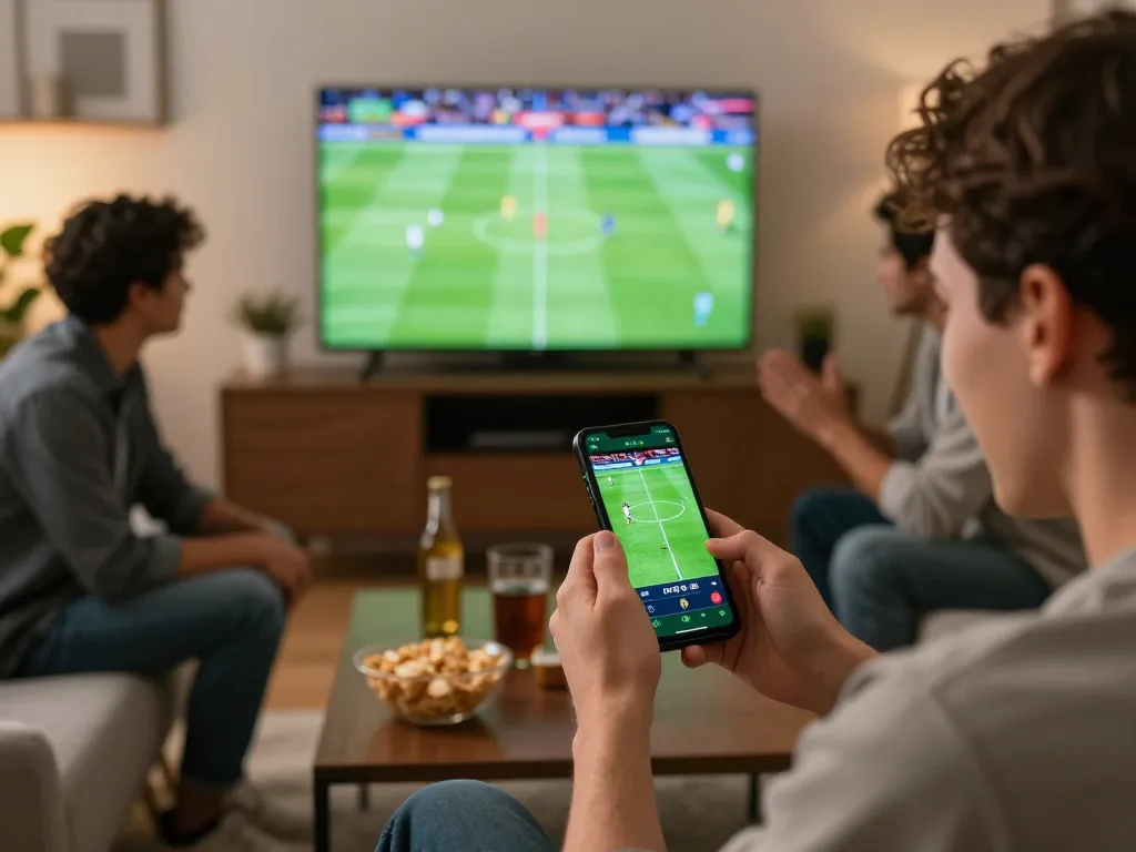 Socolive user actively betting on football match through smartphone in a vibrant social setting.