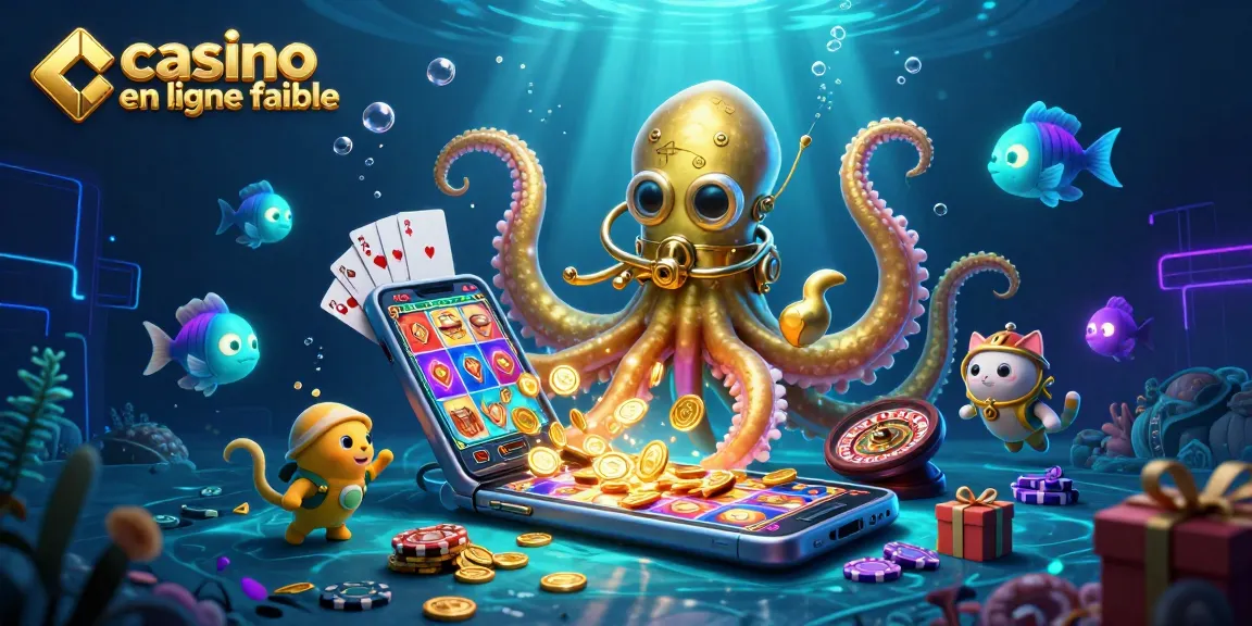 Jouez sur un casino en ligne fiable illustré par un kraken et un chat plongeur dans un océan de trésors.