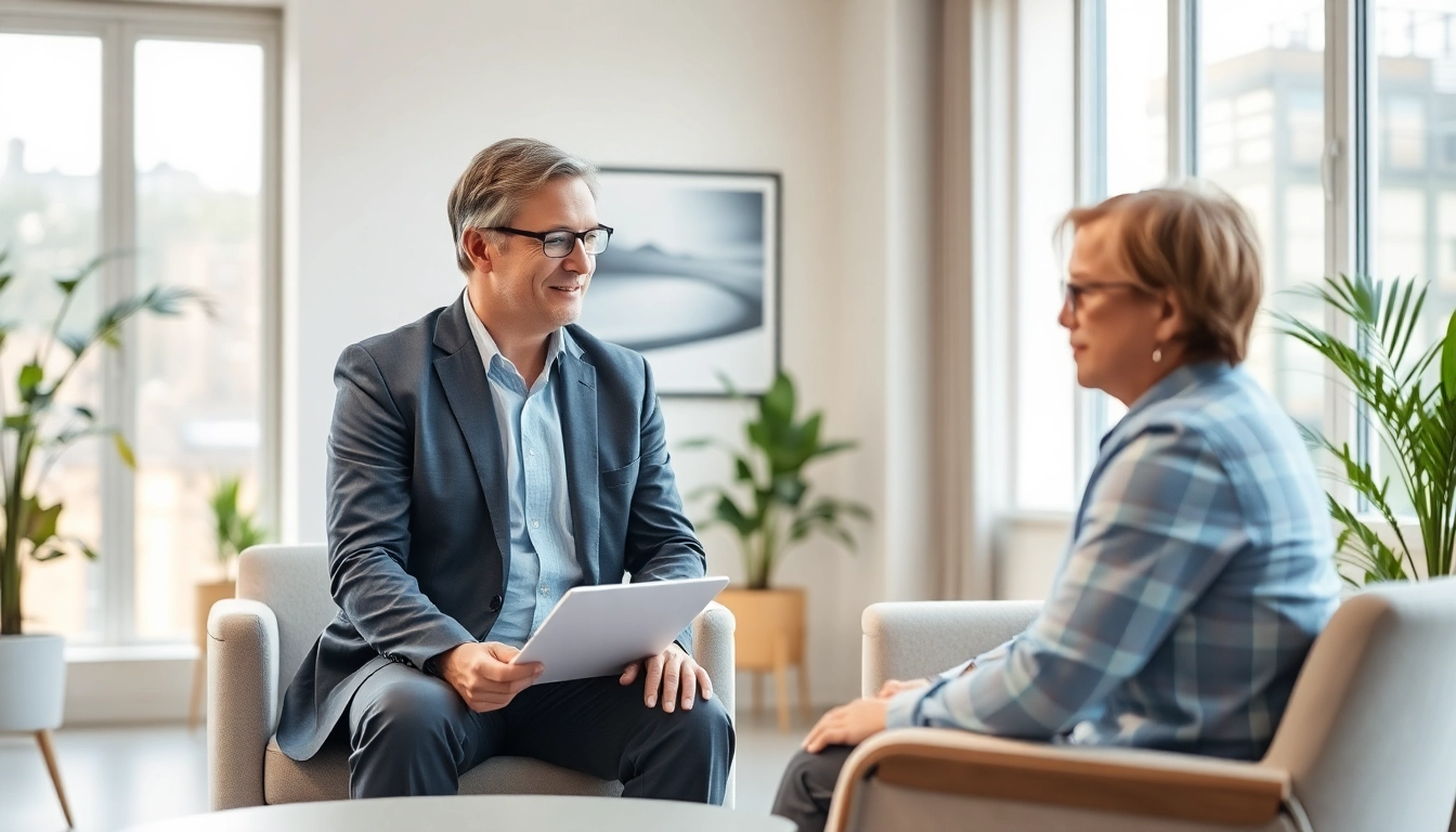 Engaging scene of a German psychiatrist India consulting in a modern office, radiating professionalism and warmth.