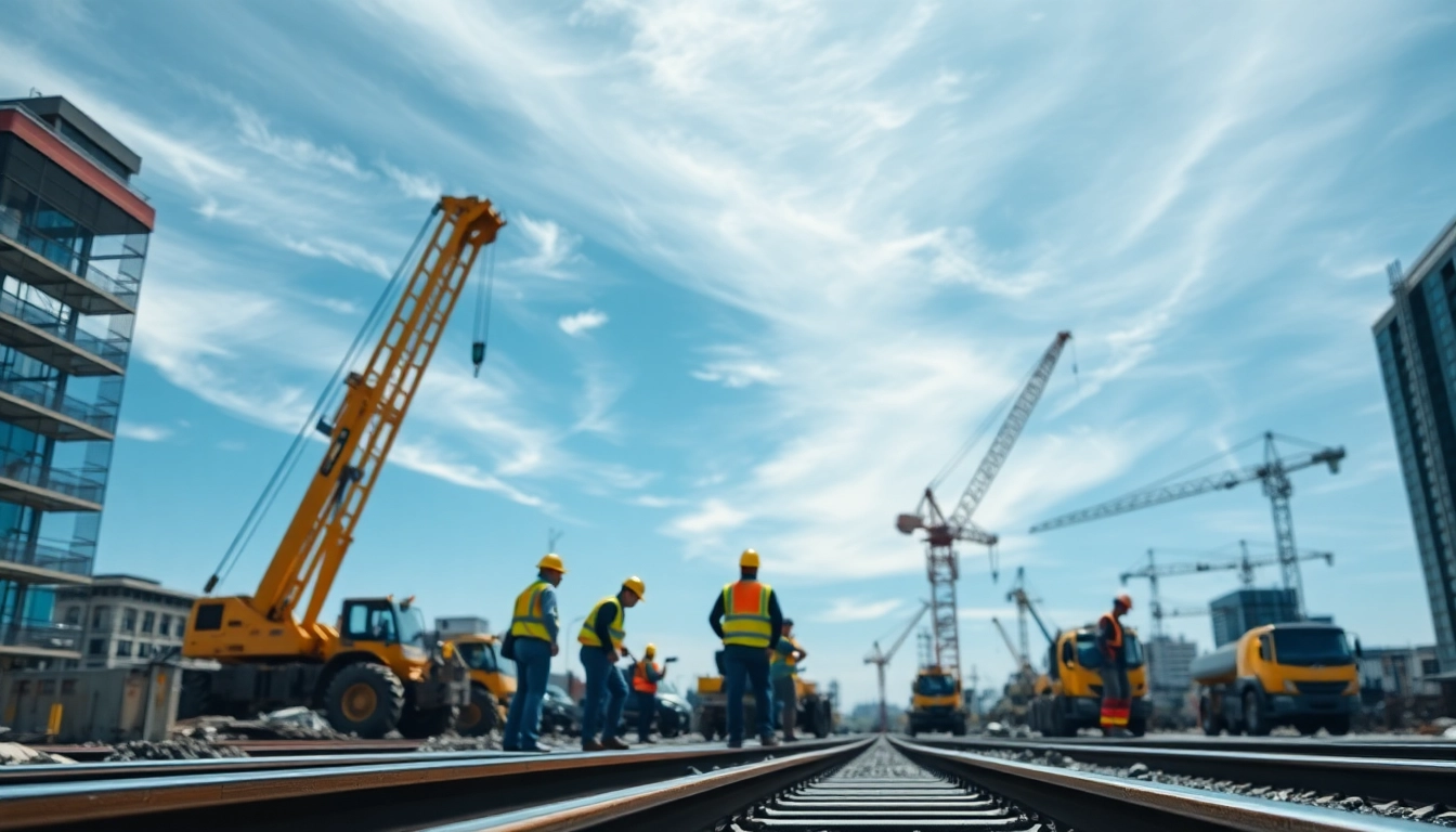 Railroad Contractors USA collaborating on a lively construction site with machinery and teamwork.