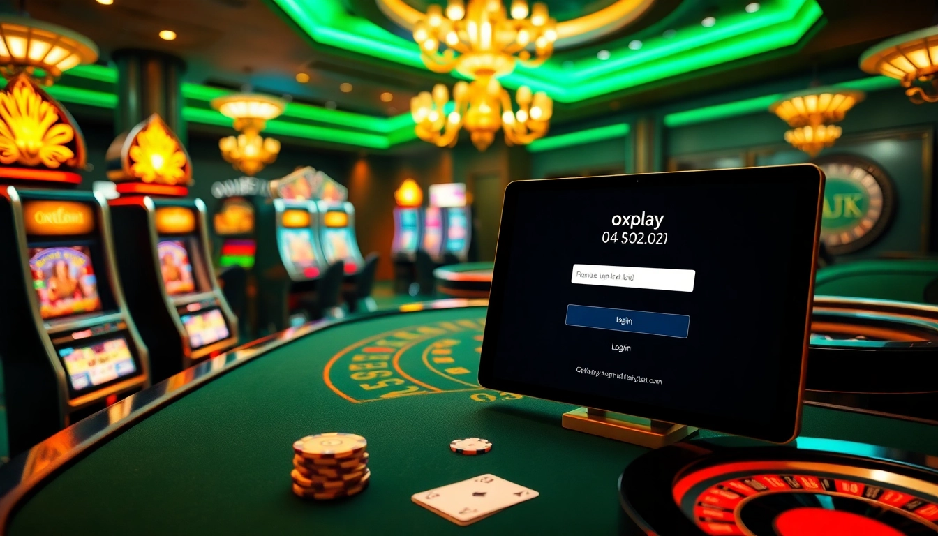 Experience the exciting oxplay login at a vibrant online casino featuring slot machines and poker tables.