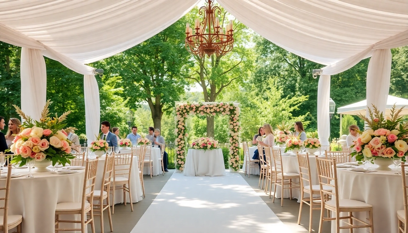 Gestalten Sie eine traumhafte location hochzeit mit eleganten Blumenarrangements und festlich dekorierten Tischen.