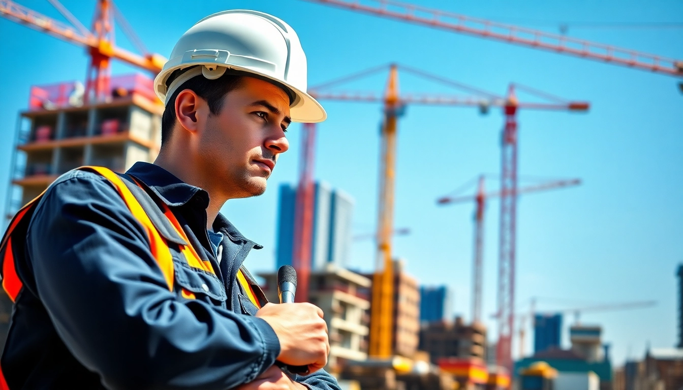Highlighting careers in construction with a professional worker at a dynamic job site.