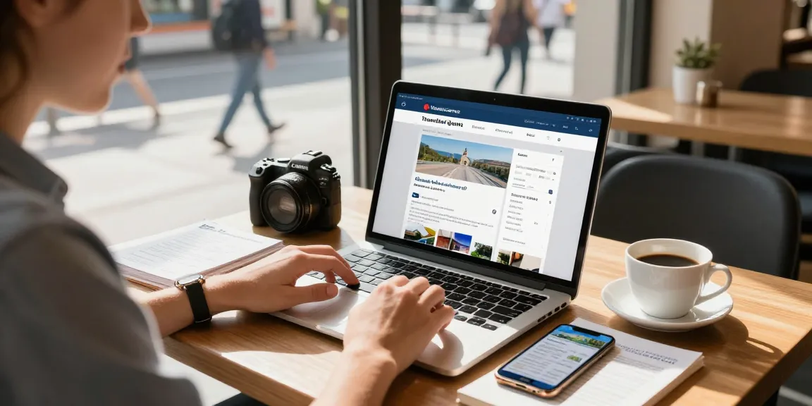 Using a client portal for travel agents to plan a trip in a café, with vibrant travel materials nearby.