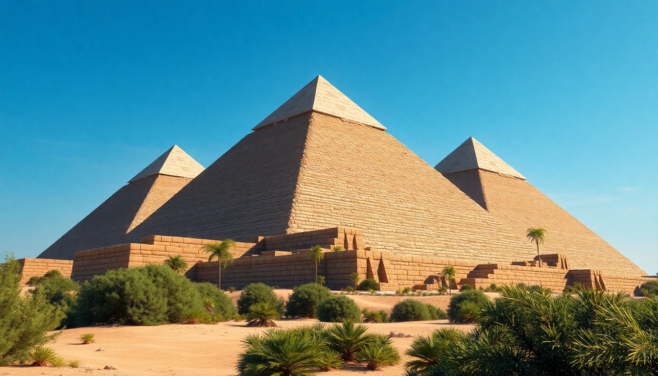 Experience the grandeur of piraminds under a clear sky, surrounded by lush greenery.