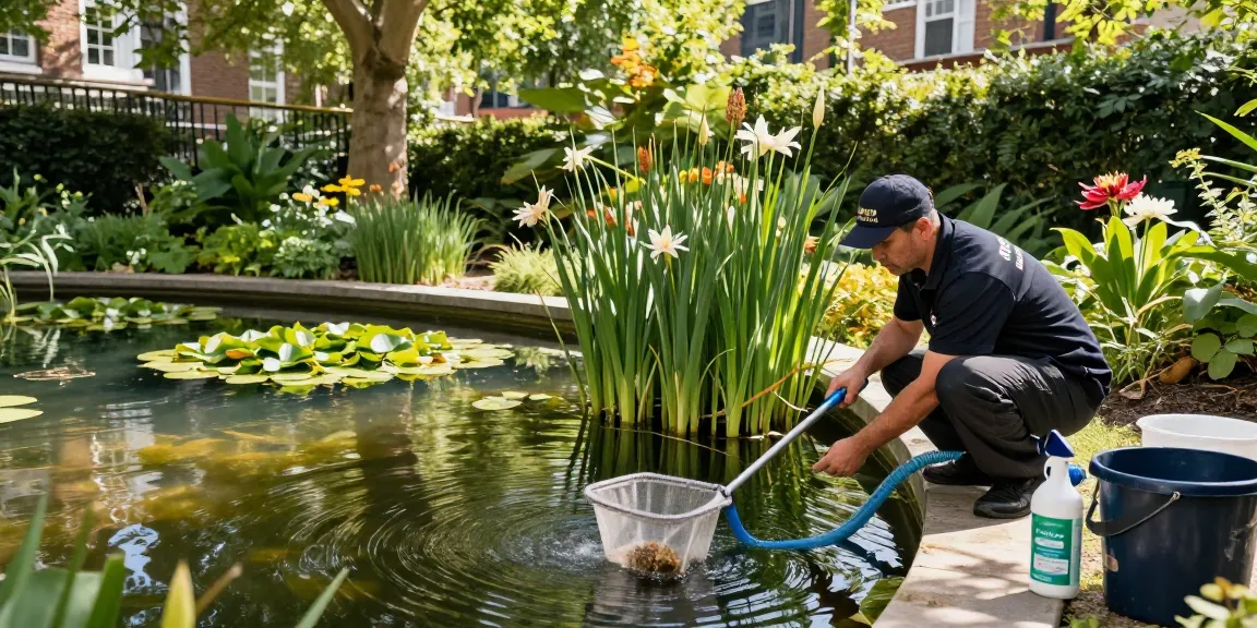 Professional Pond Cleaning London with a technician maintaining a garden pond in London, showcasing tools and lush greenery.