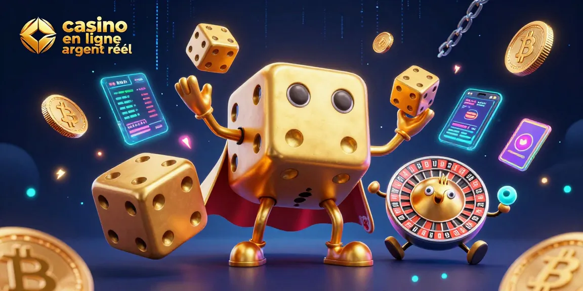 Jouer sur un casino en ligne argent réel avec des dés dorés animés et des éléments crypto fascinants.