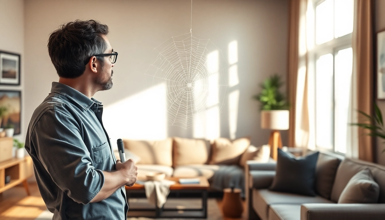 Expert inspecting a corner for spider infestation control in a cozy living room setting.