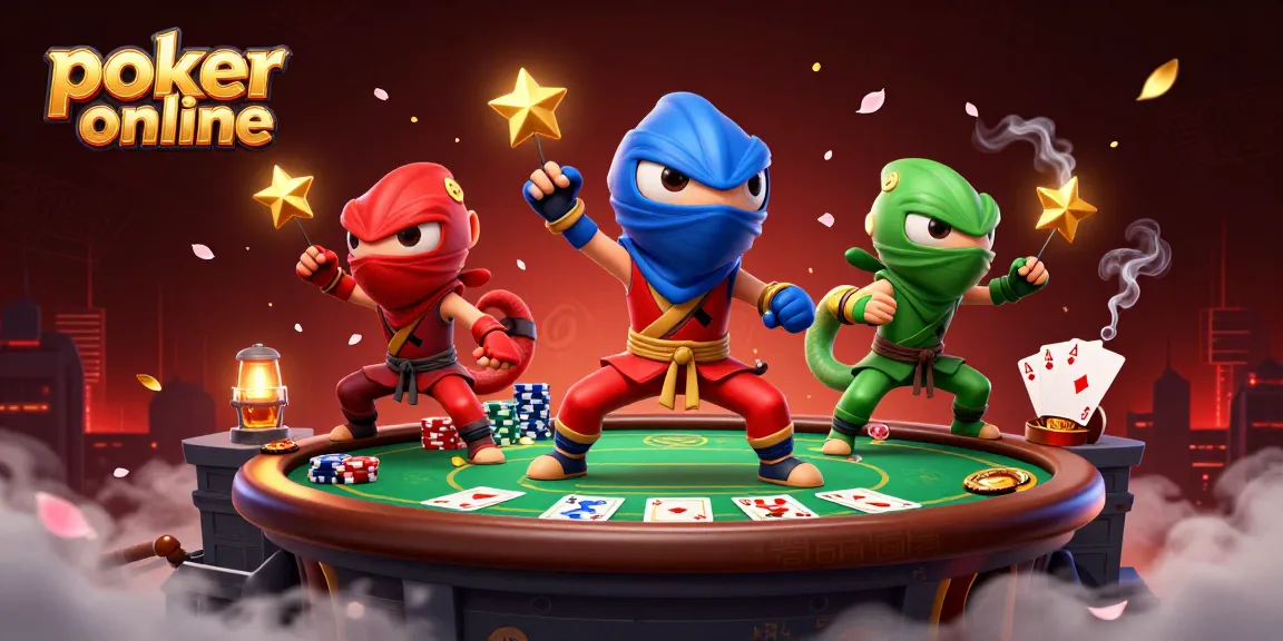 Jouez au poker en ligne avec cette illustration captivante des ninjas caméléons et des jetons de poker.